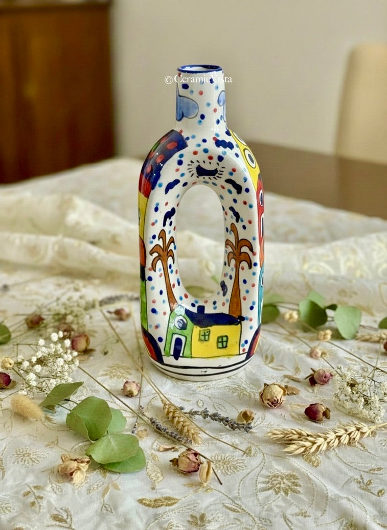 Hand-Painted Colorful Arch Ceramic Vase – Village Landscape Design | CeramicVista