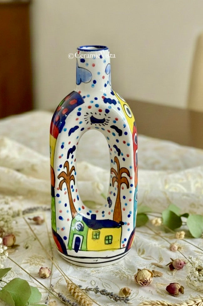 Hand-Painted Colorful Arch Ceramic Vase – Village Landscape Design | CeramicVista