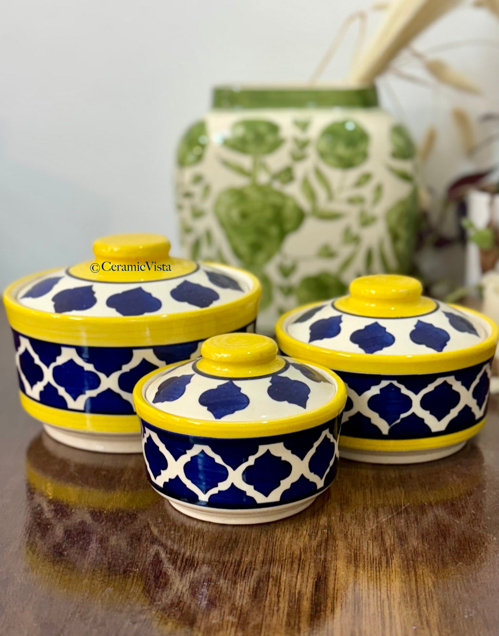 Hand-Painted Moroccan Blue & Yellow Serving Bowl Set – Set of 3 | CeramicVista