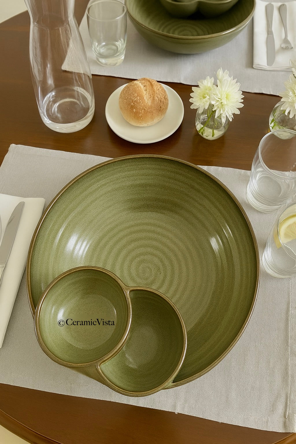 Handcrafted Two-Section Serve Platter – Olive Green Swirl Glaze | CeramicVista