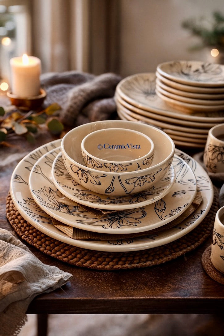 Handcrafted Floral Stoneware Dinnerware – 5-Piece Set & Complete 21-Piece Full Dinner Set | CeramicVista