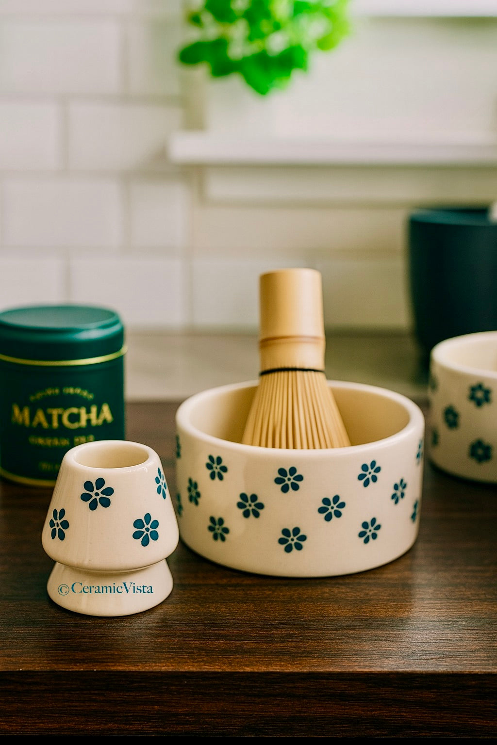 Handcrafted Matcha Bowl (Chawan) & Whisk Holder(Chasen Stand) Set – Floral Ceramic | CeramicVista