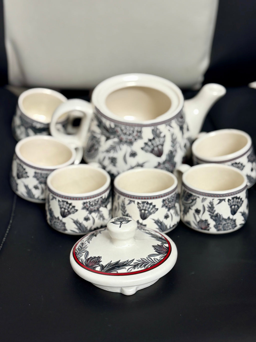 Hand-Painted Noir Blossom Ceramic Teapot Set (1 Kettle + 6 Cups) | CeramicVista