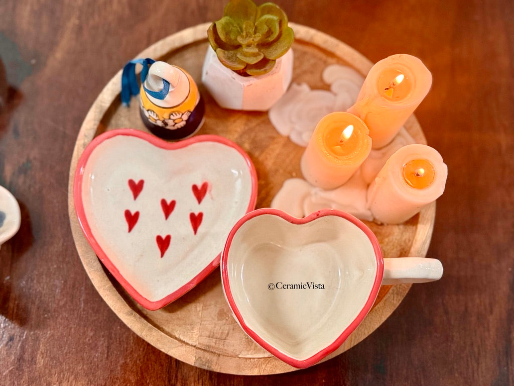Heart-Shaped Ceramic Mug With Saucer – Handcrafted Love Set