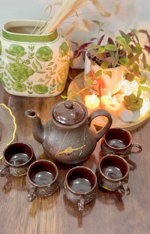 Rustic Cocoa Stoneware Tea Set – 1 Kettle + 6 Cups | CeramicVista
