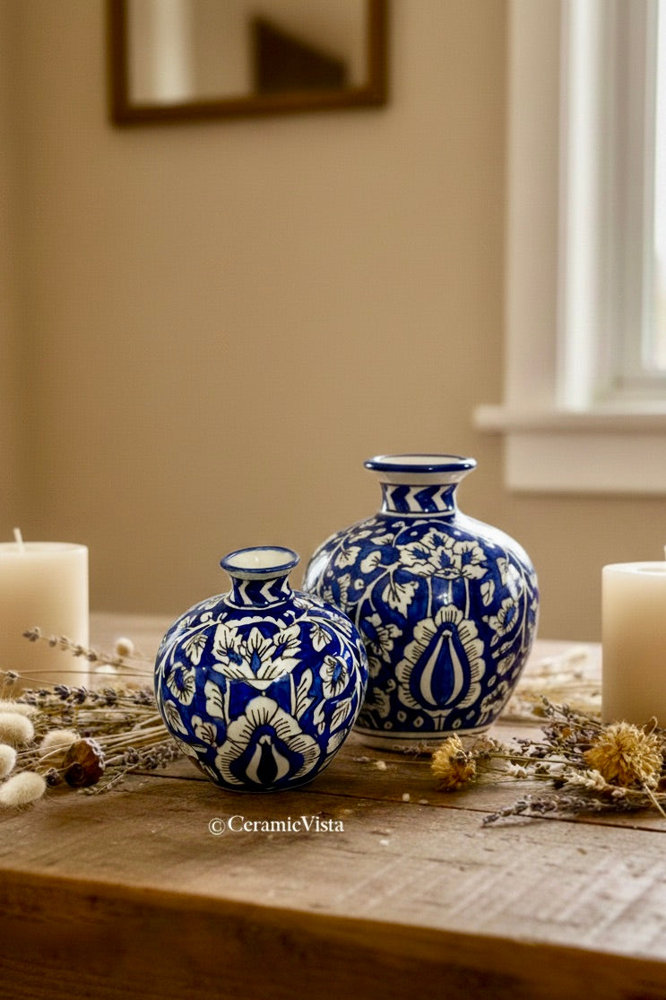 Blue Handcrafted Floral Vase Duo | CeramicVista
