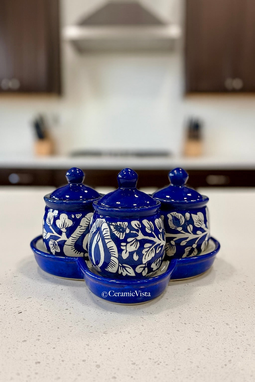 Royal Blue Mughal Hand-Painted 3-Jar Pickle(Achaar)/Spice Set with Tray | CeramicVista