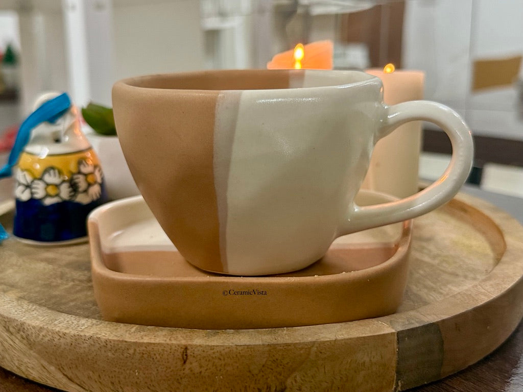 Two-Tone Ceramic Mug With Saucer – Minimal Handcrafted Set