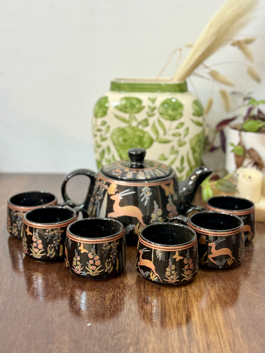 Hand-Painted Midnight Deer Ceramic Teapot Set (1 Kettle + 6 Cups) | CeramicVista