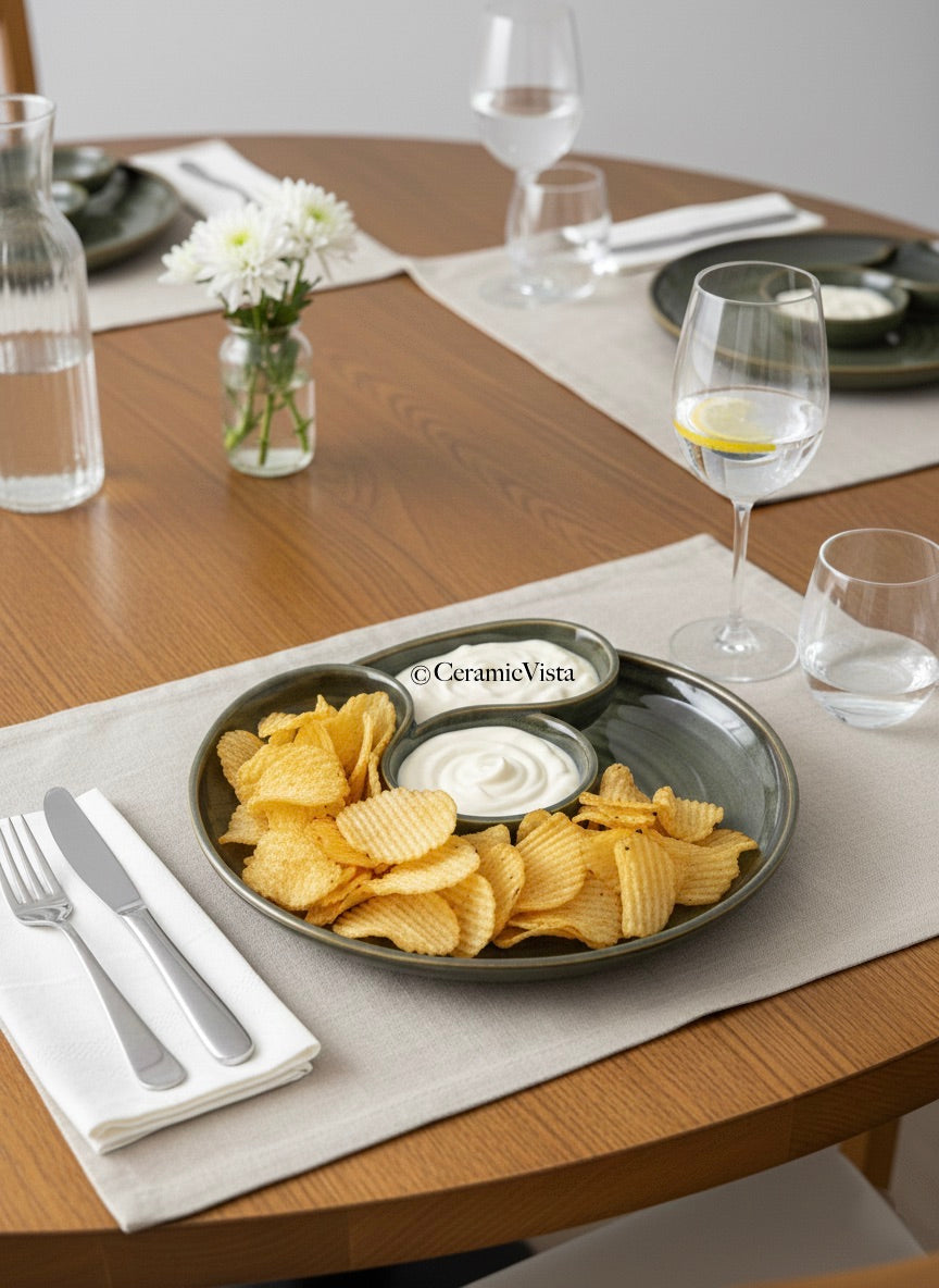 Handcrafted Triple-Section Ceramic Serving Platter – Olive Green-Grey Reactive Glaze | CeramicVista