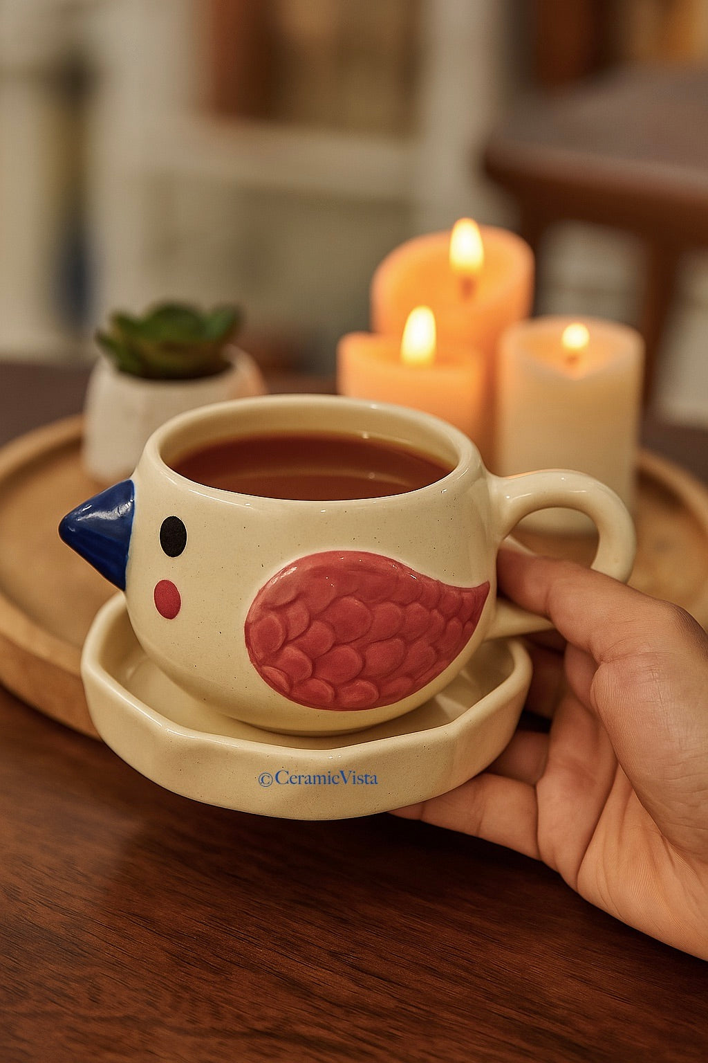 Birdie Bliss Ceramic Mug-Saucer – Cozy Edition| Blue and red beak
