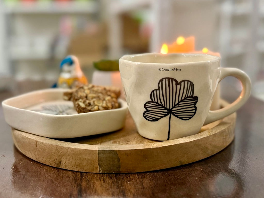 Minimal Leaf Ceramic Mug With Saucer | CeramicVista