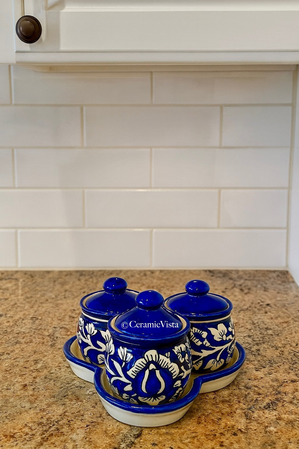 Royal Blue Mughal Hand-Painted 3-Jar Pickle(Achaar)/Spice Set with Tray | CeramicVista