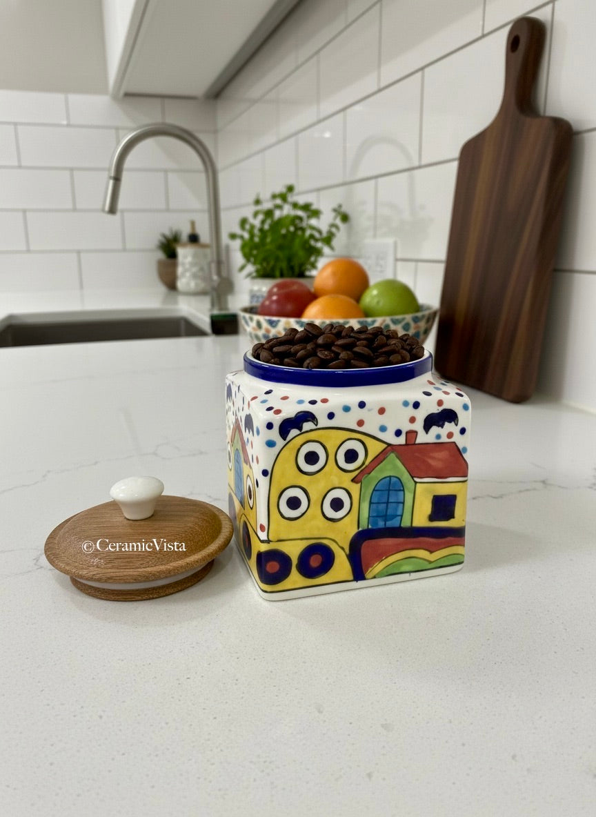 Hand-Painted Ceramic Storage Jar with Wooden Lid | CeramicVista