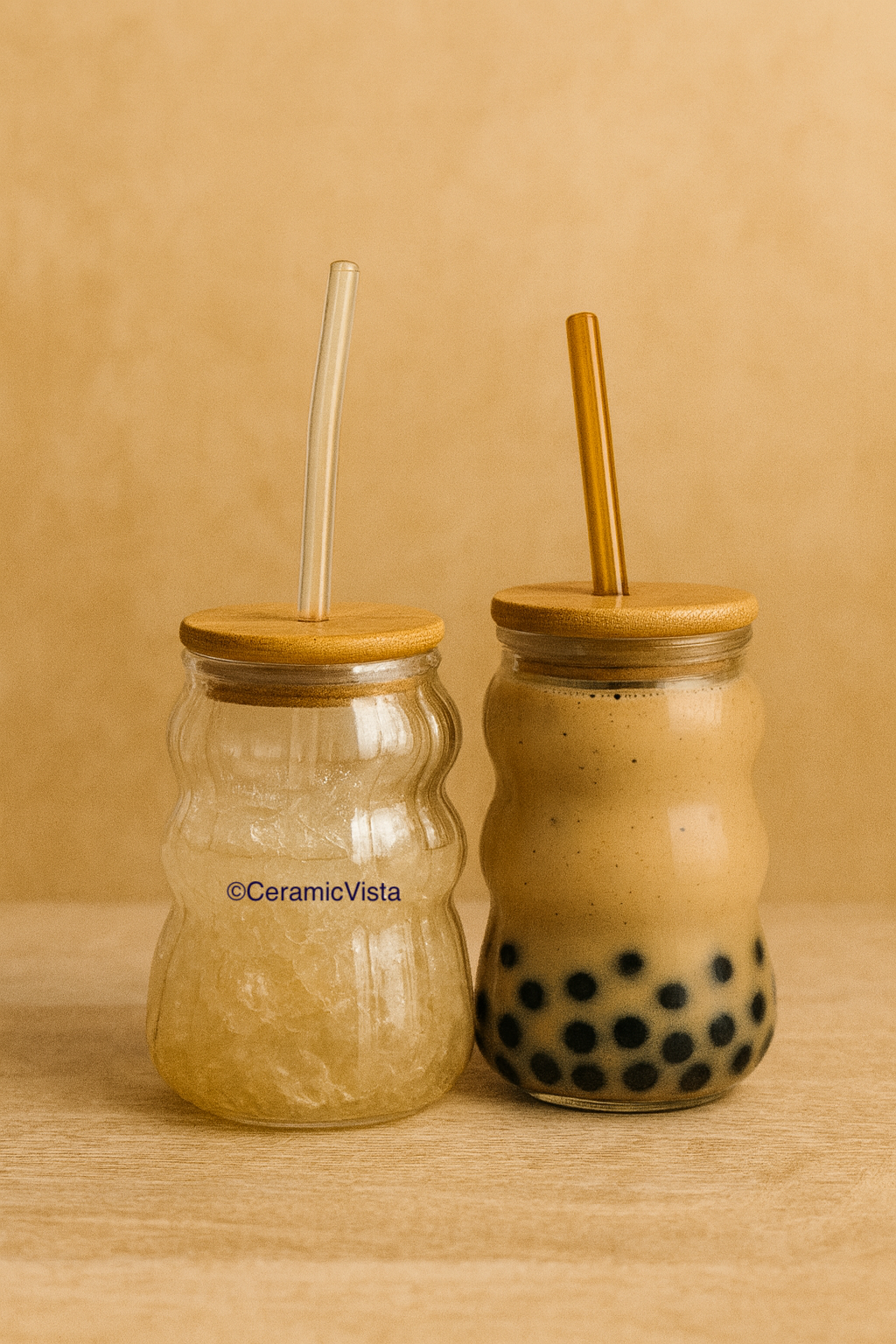 Wavy Glass Tumbler with Wooden Lid & Straw(Taper Style)– Golden Latte Tone