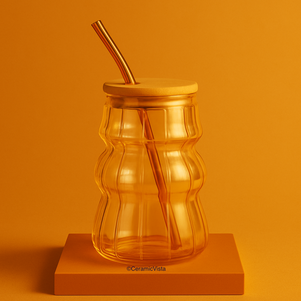 Wavy Glass Tumbler with Wooden Lid & Straw(Taper Style)– Golden Latte Tone