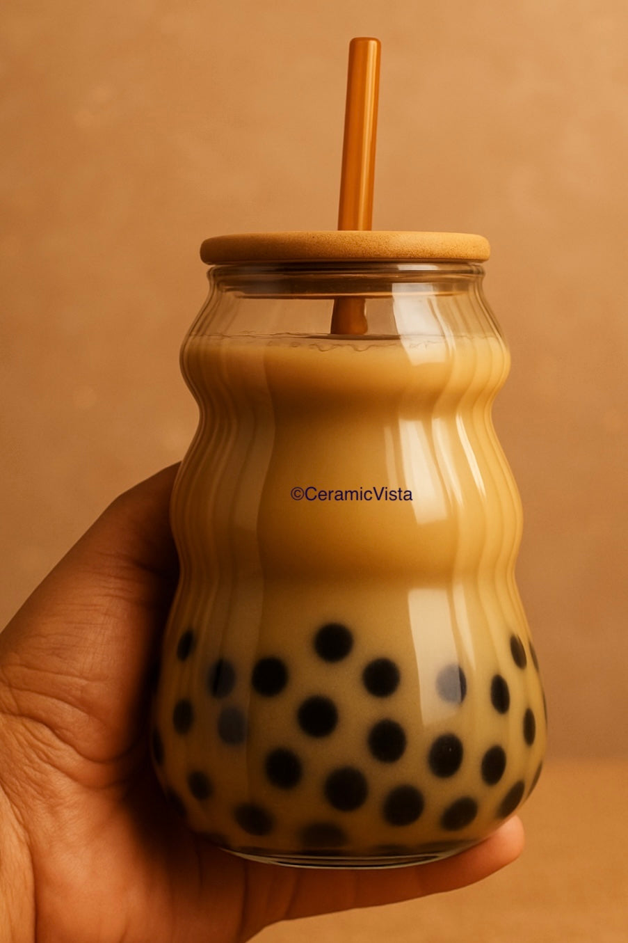 Wavy Glass Tumbler with Wooden Lid & Straw(Taper Style)– Golden Latte Tone