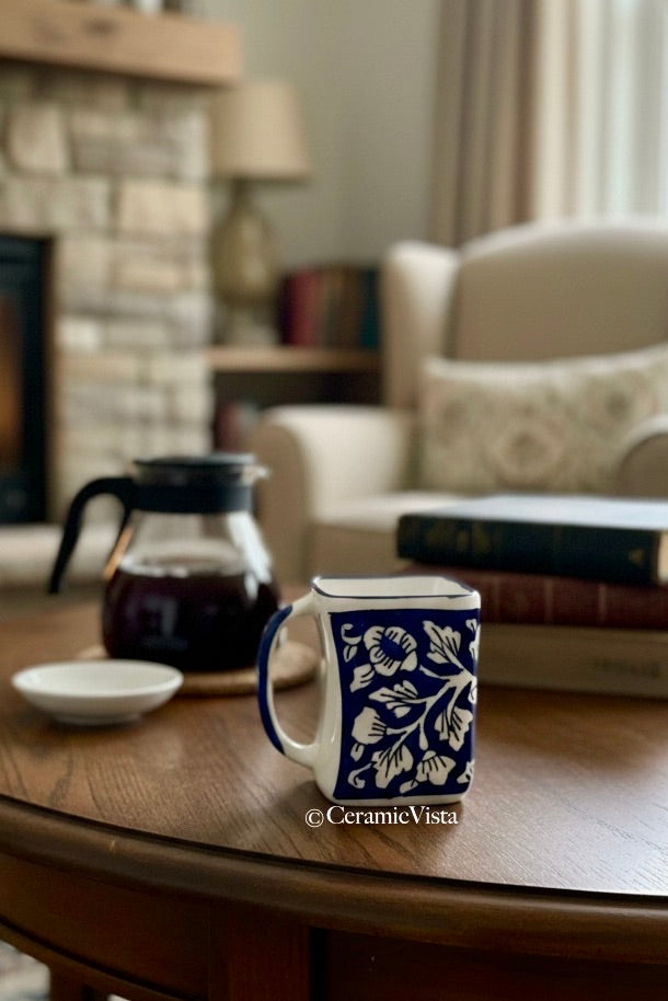 Hand-Painted Indigo Floral Mug – Square Shape(Set of 4) | CeramicVista