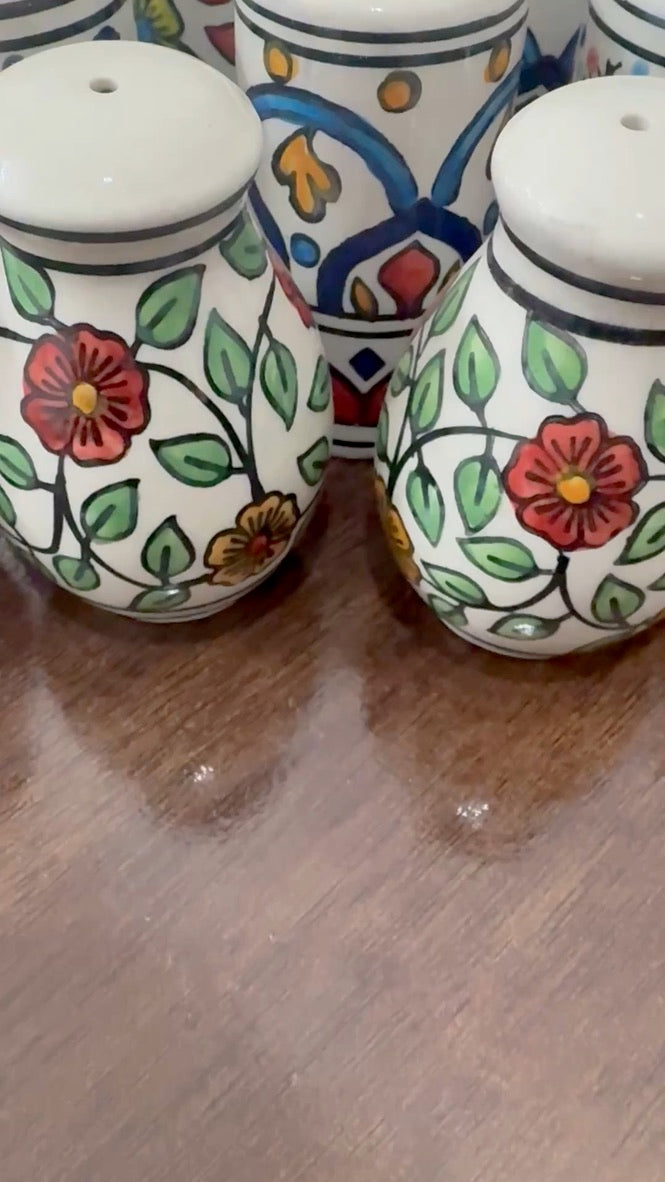 Hand-Painted Mini Ceramic Salt & Spice Shakers | Multicolour Traditional Patterned Salters| Organise your table with these cuties | CeramicVista