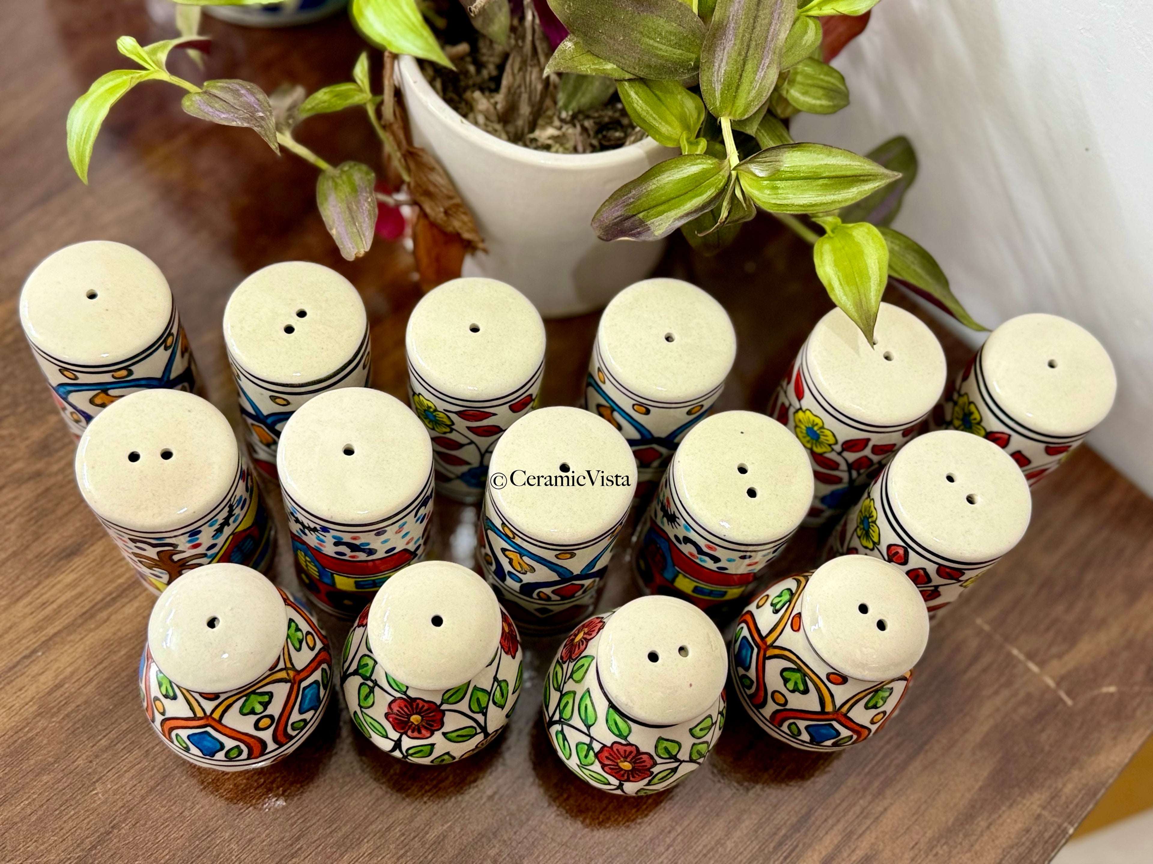 Hand-Painted Mini Ceramic Salt & Spice Shakers | Multicolour Traditional Patterned Salters| Organise your table with these cuties | CeramicVista
