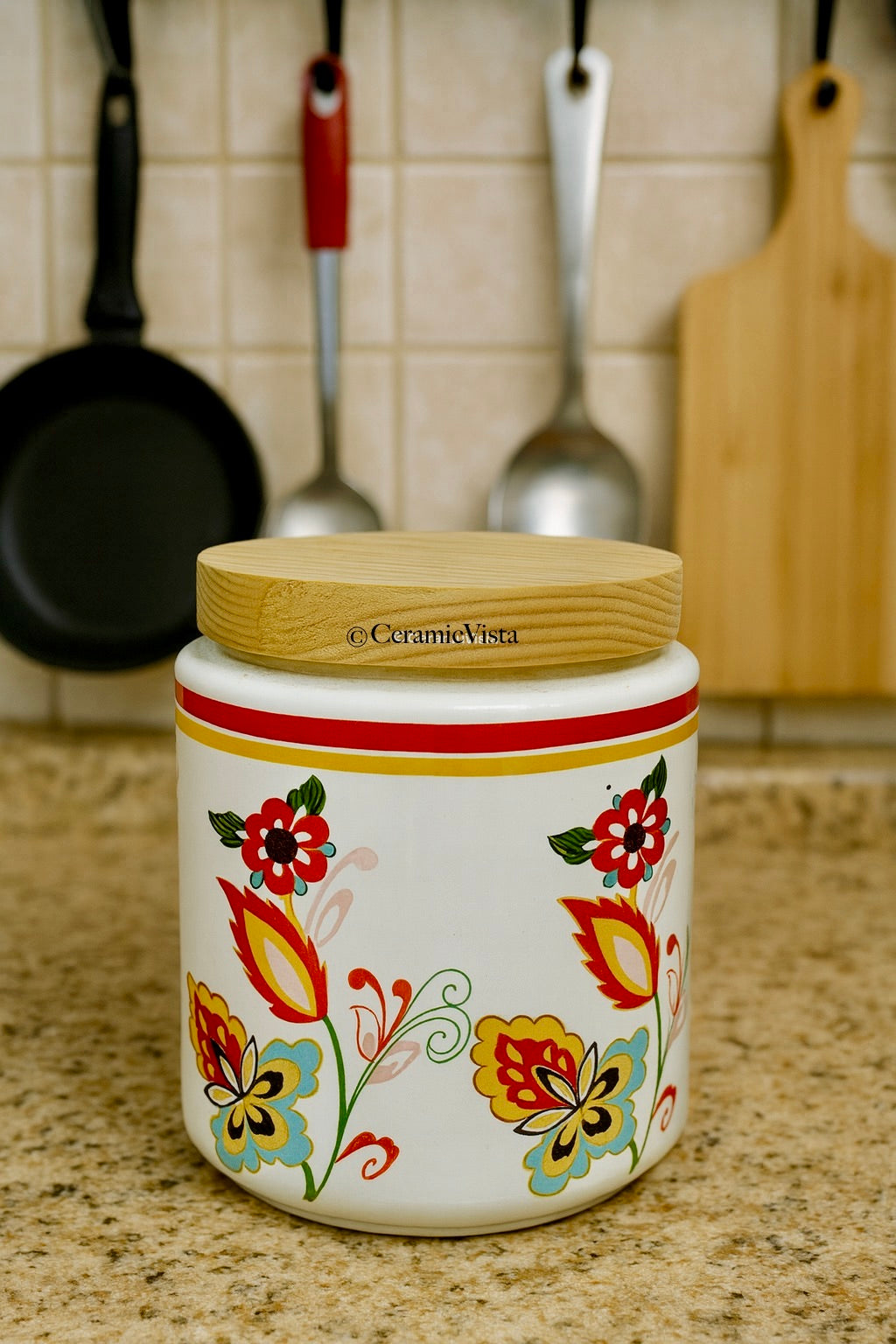 Floral Print Ceramic Storage/Organise Jar with Wooden Airtight Lid | CeramicVista