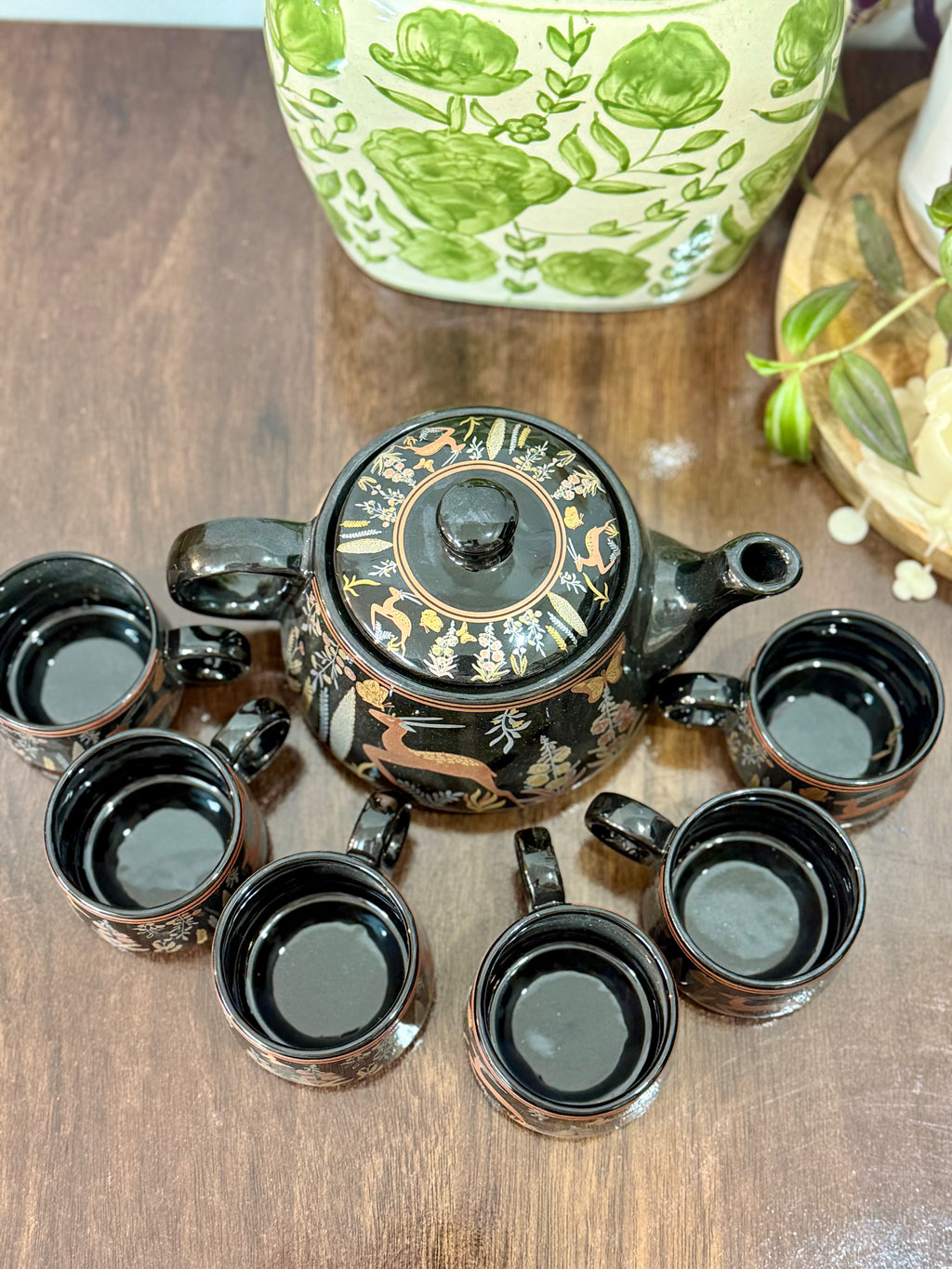 Hand-Painted Midnight Deer Ceramic Teapot Set (1 Kettle + 6 Cups) | CeramicVista