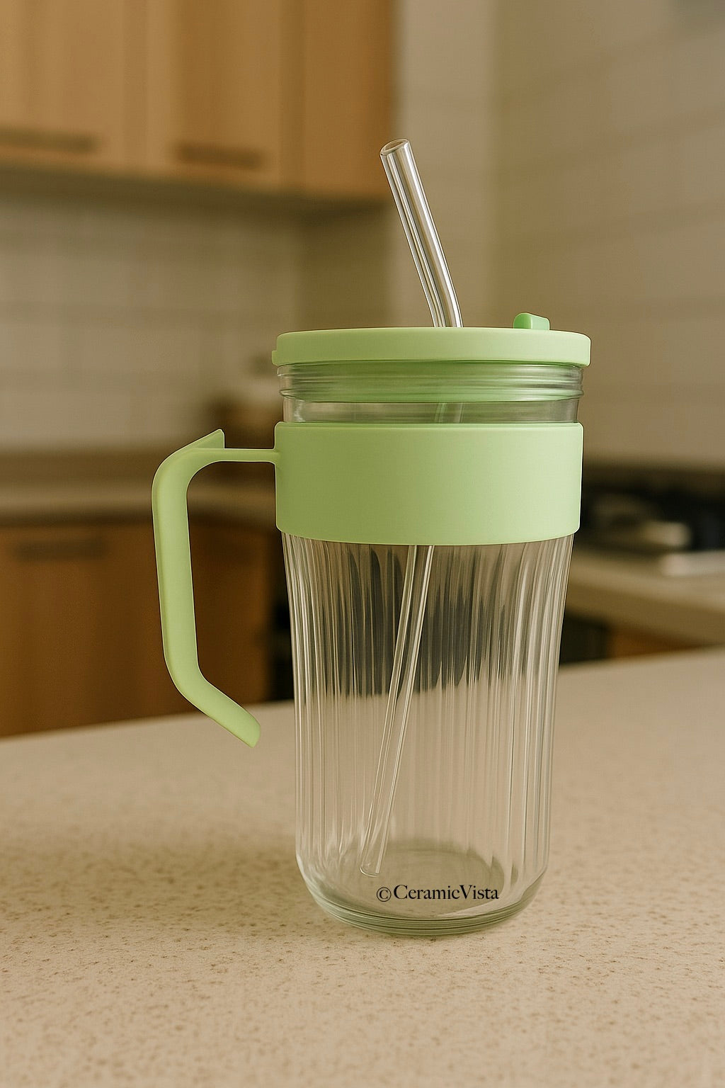 Ribbed Glass Sipper with Handle, Infuser, Lid & Straw | CeramicVista | Soft Lime Green and Pink | CeramicVista