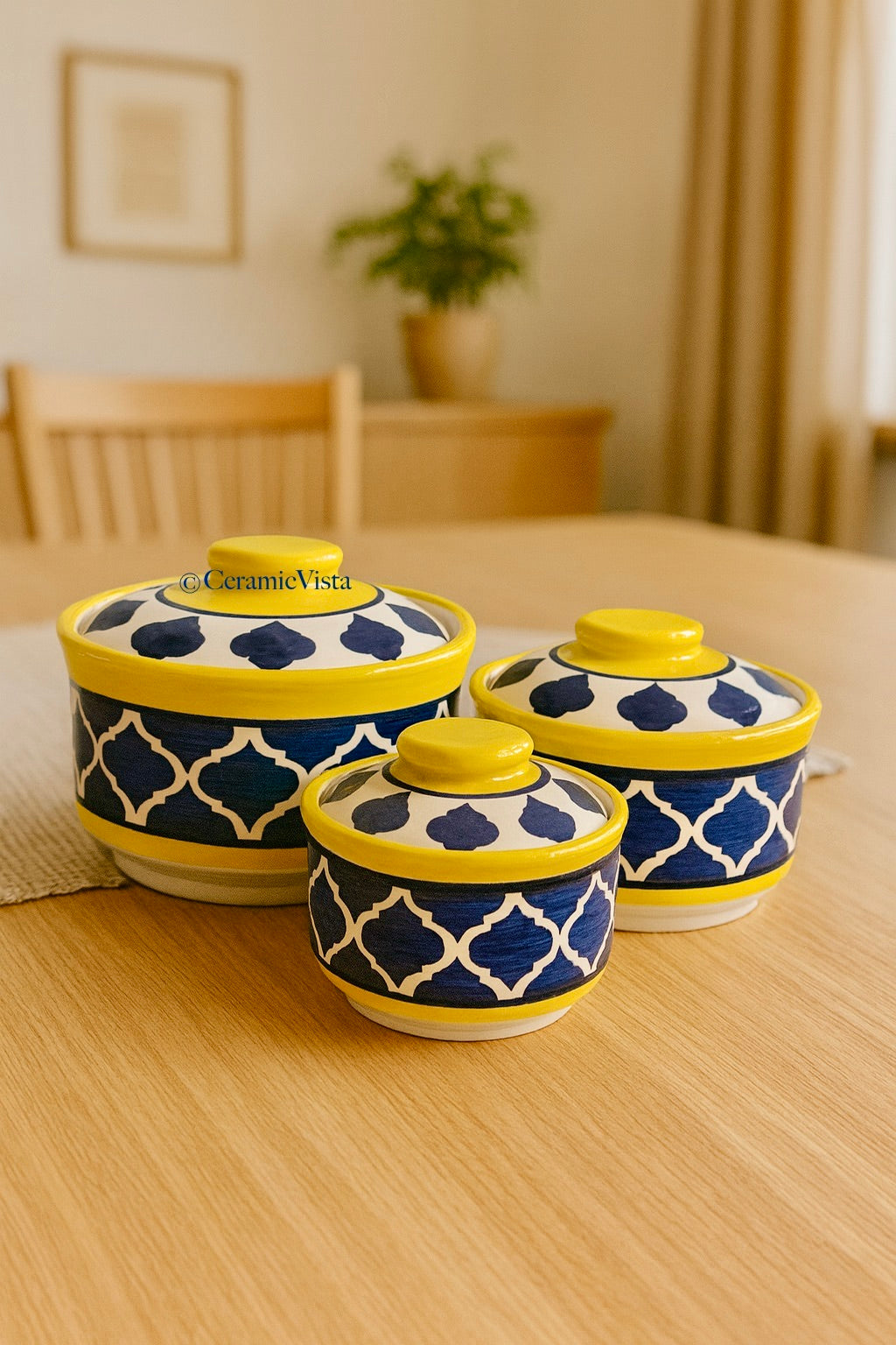 Hand-Painted Moroccan Blue & Yellow Serving Bowl Set – Set of 3 | CeramicVista