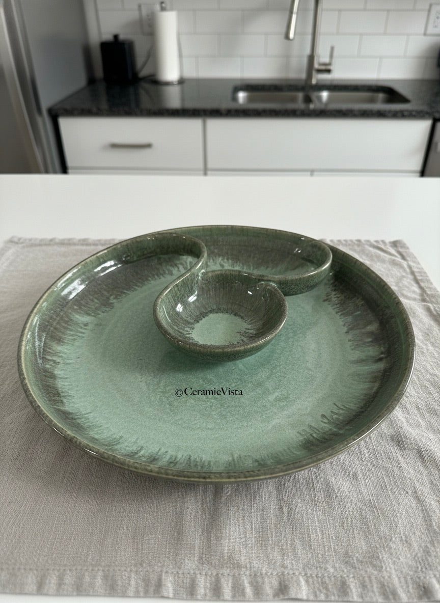 Handcrafted Ceramic Chip & Dip Platter – Deep Green Reactive Glaze Serving Set | CeramicVista