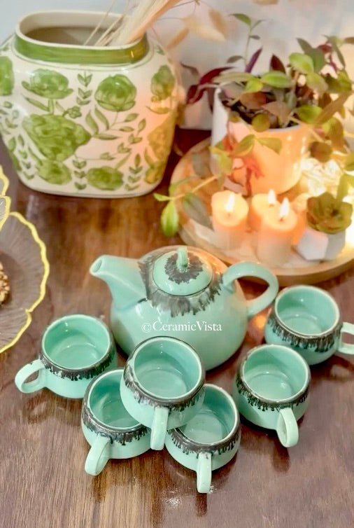 Mint Frost Drip Tea Set – 1 Kettle + 6 Cups | CeramicVista