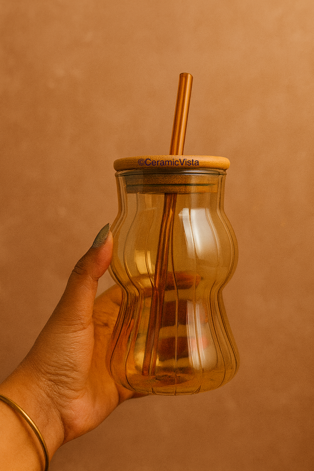 Golden Wavy Glass Tumbler with Wooden Lid & Straw – Premium Drink Tumbler