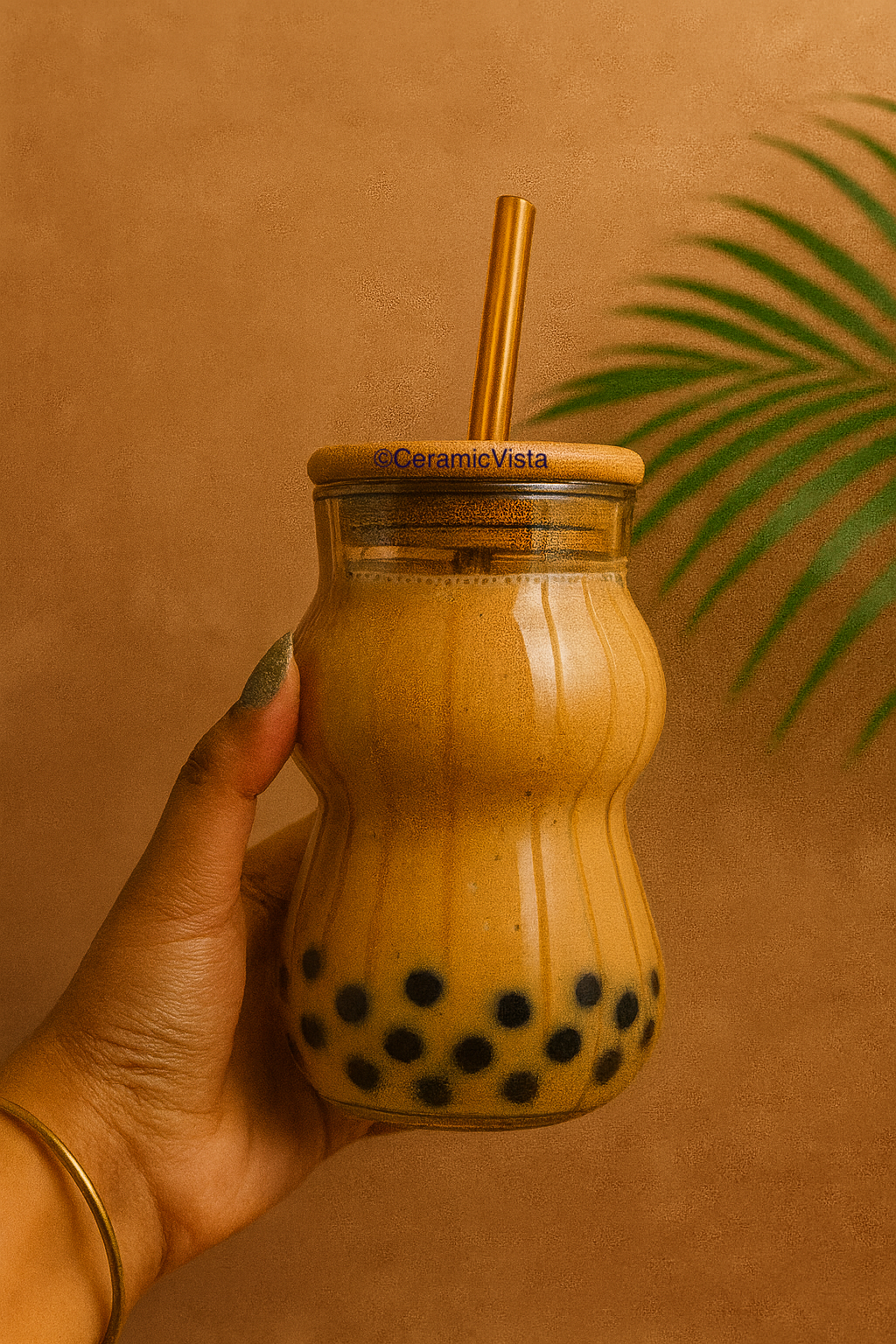 Golden Wavy Glass Tumbler with Wooden Lid & Straw – Premium Drink Tumbler