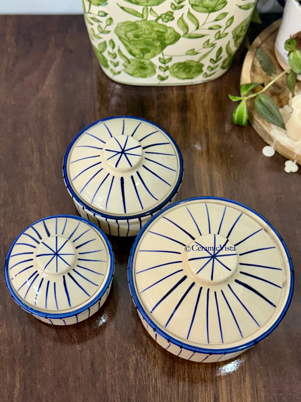 Handcrafted Blue-Line Lidded Serving Bowls – Set of 3 | CeramicVista