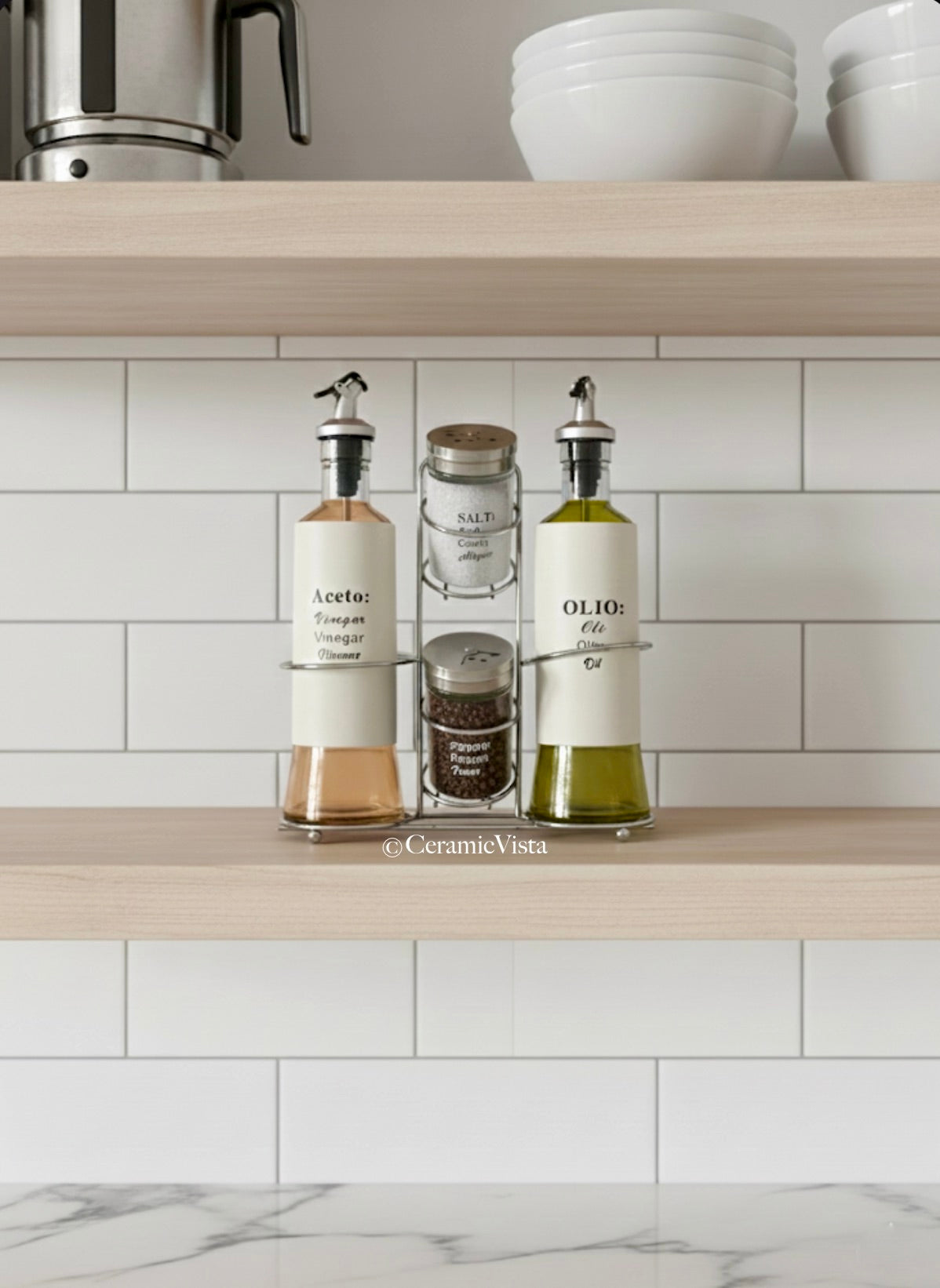 Glass Oil & Vinegar Dispenser Set with Spice Shakers – Stainless Steel Stand | CeramicVista