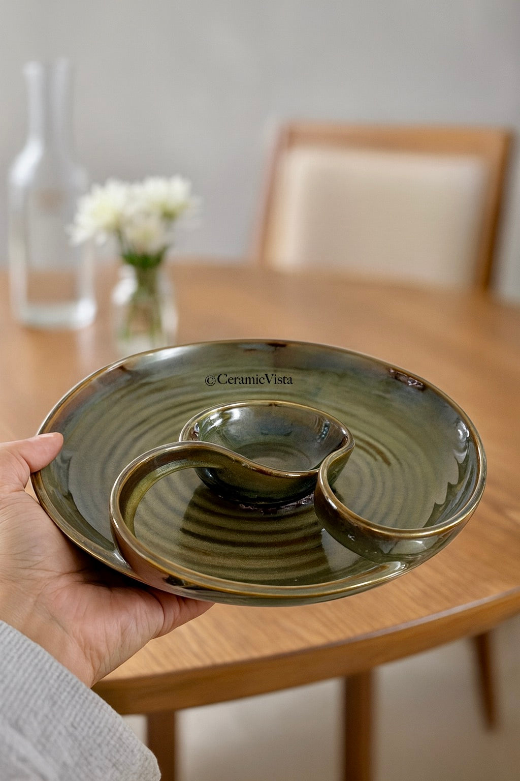 Handcrafted Triple-Section Ceramic Serving Platter – Olive Green-Grey Reactive Glaze | CeramicVista