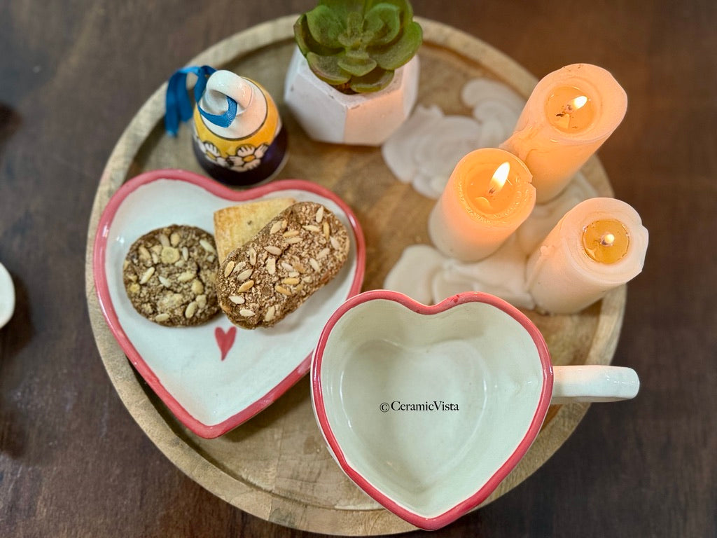 Heart-Shaped Ceramic Mug With Saucer – Handcrafted Love Set