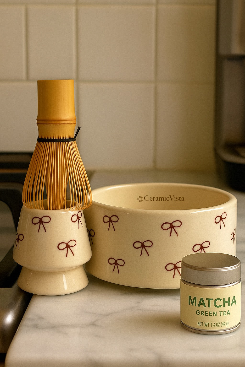Handcrafted Bow-Pattern Matcha Bowl(Chawan) & Whisk Holder(Chasen Stand) Set – Ceramic Chawan Duo | CeramicVista