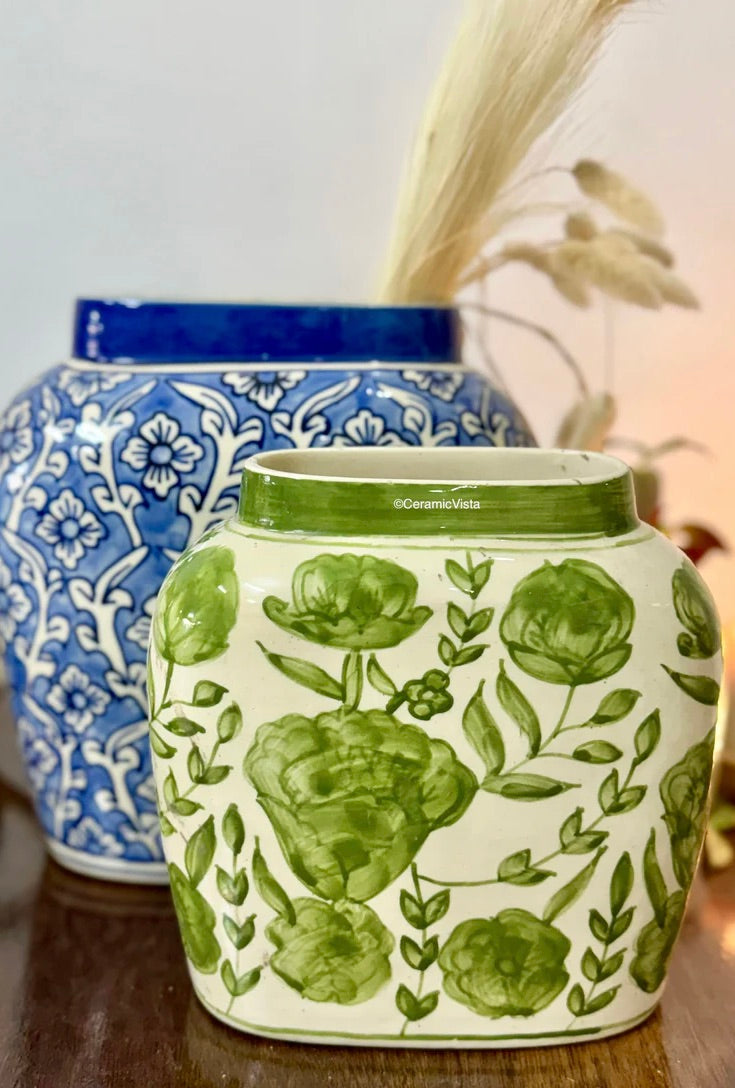 Hand-Painted Green Floral Ceramic Vase | CeramicVista