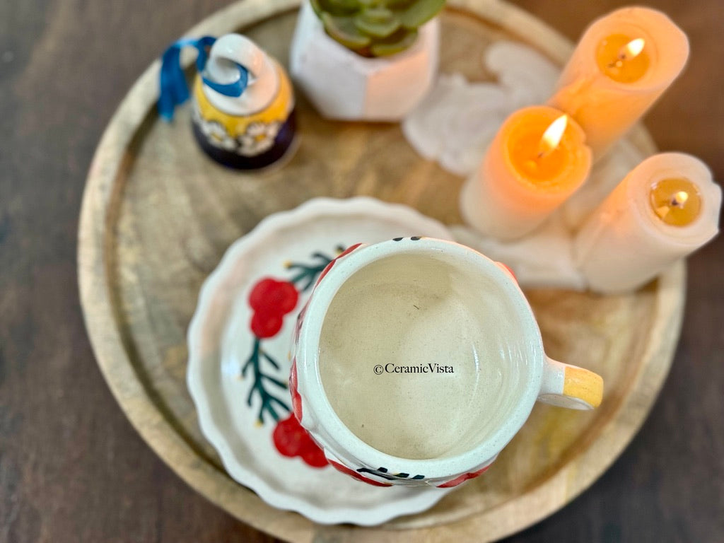 Handcrafted Cherry Ceramic Mug With Saucer – Premium Artistic Set