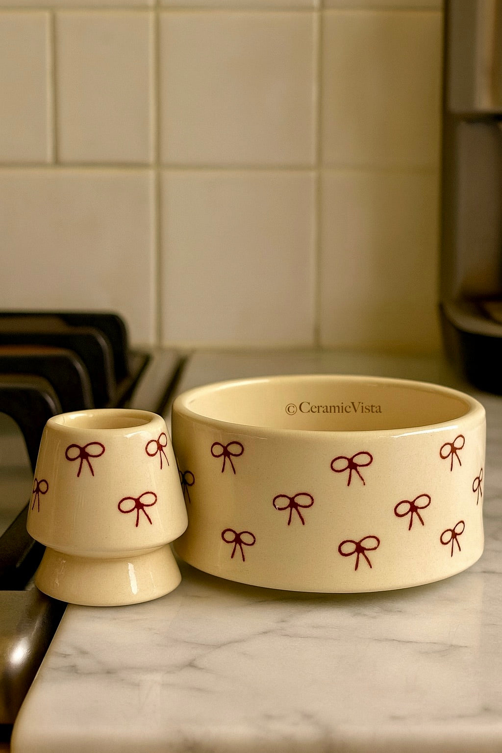 Handcrafted Bow-Pattern Matcha Bowl(Chawan) & Whisk Holder(Chasen Stand) Set – Ceramic Chawan Duo | CeramicVista