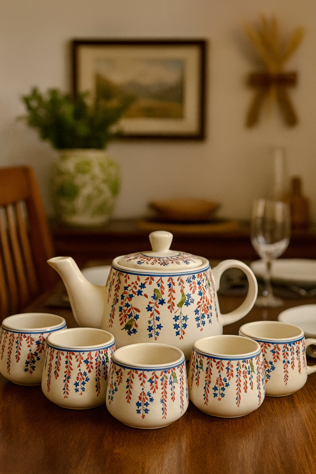 Hand-Painted Wisteria Bloom Ceramic Teapot Set (1 Kettle + 6 Cups) | CeramicVista