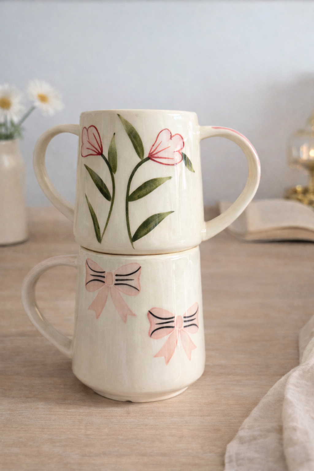 Floral & Bow Ceramic Mug Combo (Set of 2) | CeramicVista