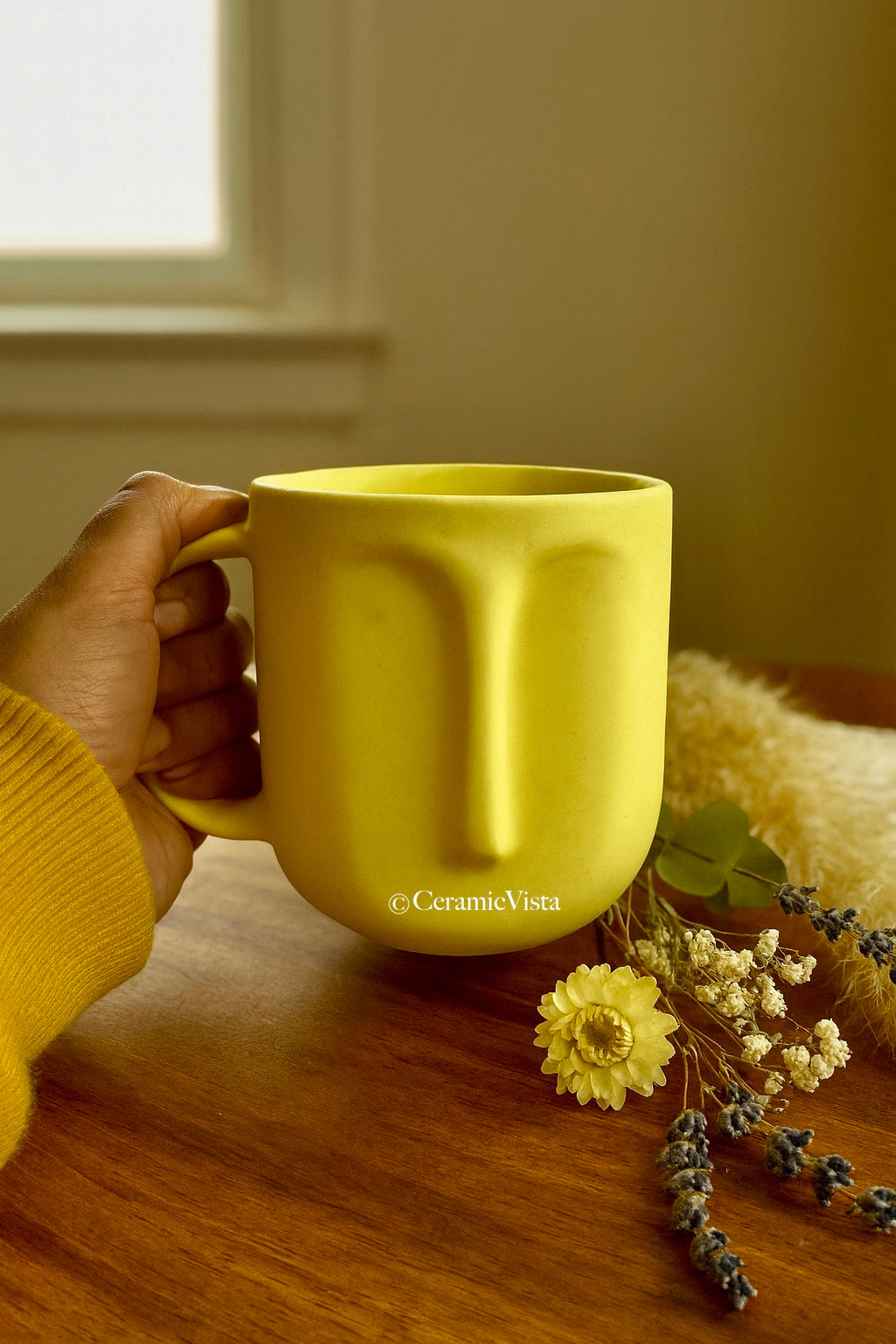 Neon Yellow Face Mug – Modern Minimal Matte Mug | CeramicVista