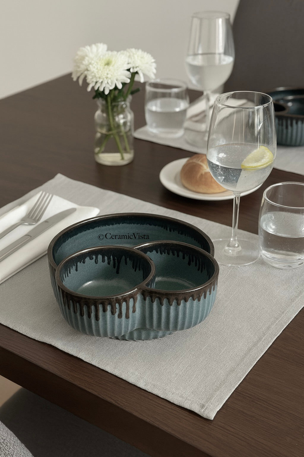 Handcrafted Dual-Compartment Serve Bowl – Teal Drip Glaze Design | CeramicVista