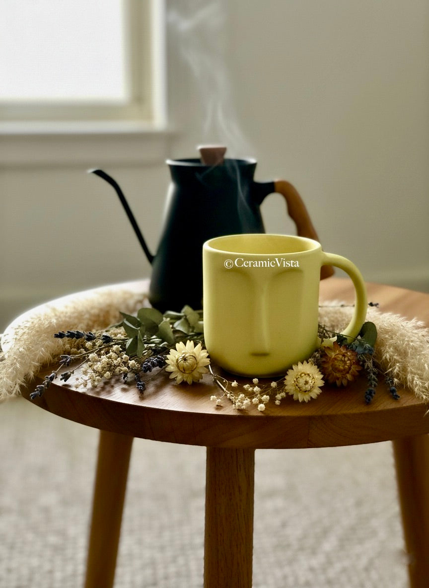 Neon Yellow Face Mug – Modern Minimal Matte Mug | CeramicVista