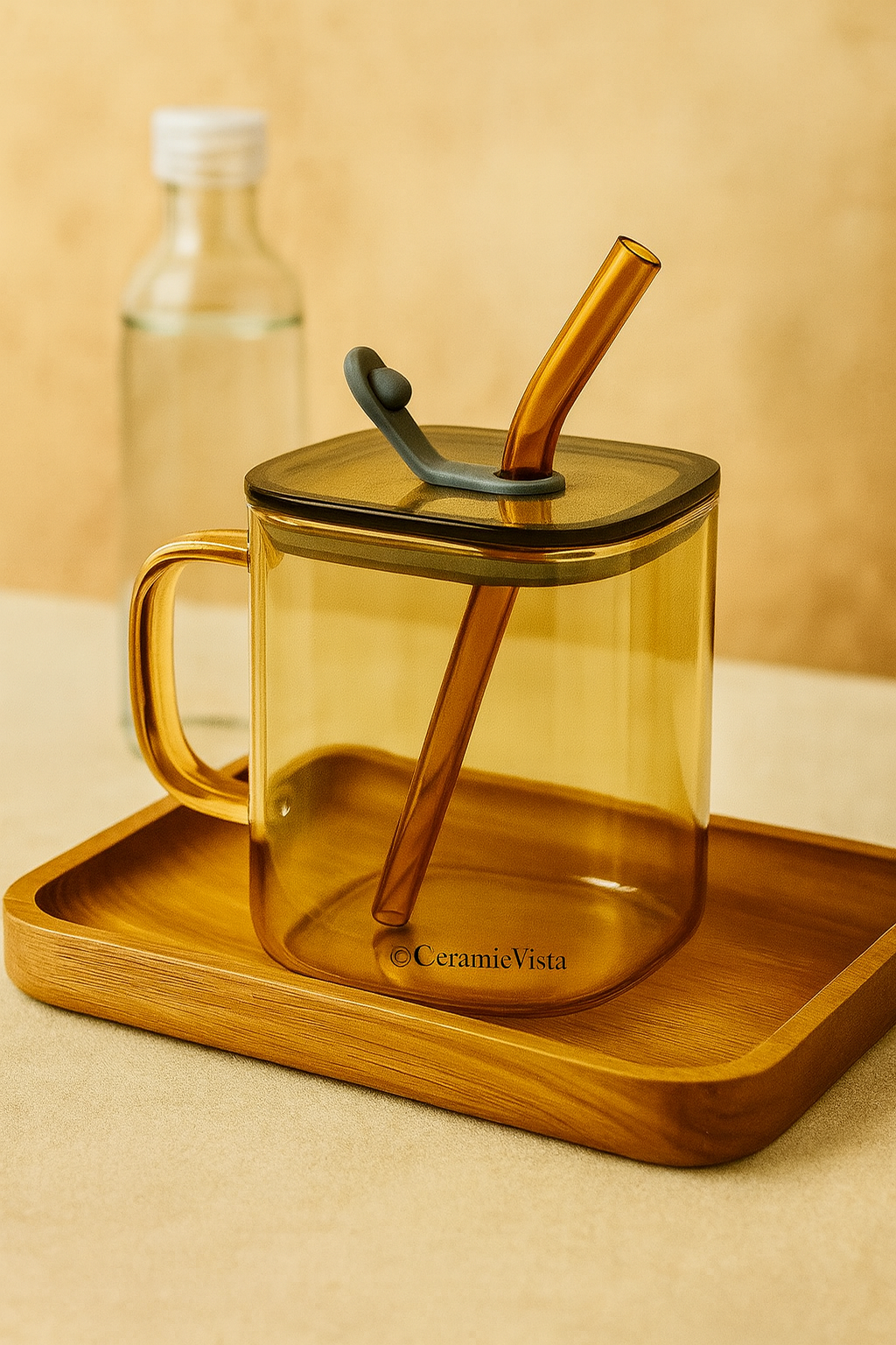 Amber Square Glass Mug with Lid & Straw – Heat-Resistant Modern Sipper | CeramicVista
