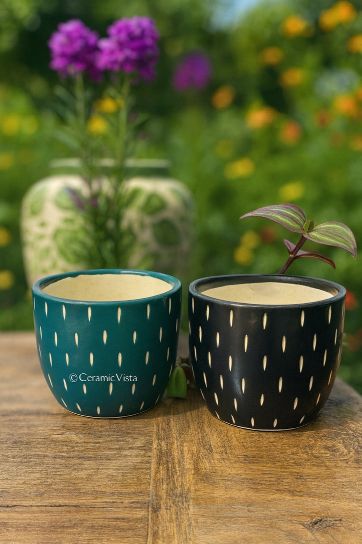 Handcrafted Carved Ceramic Planter Set – Teal & Black (Set of 2)