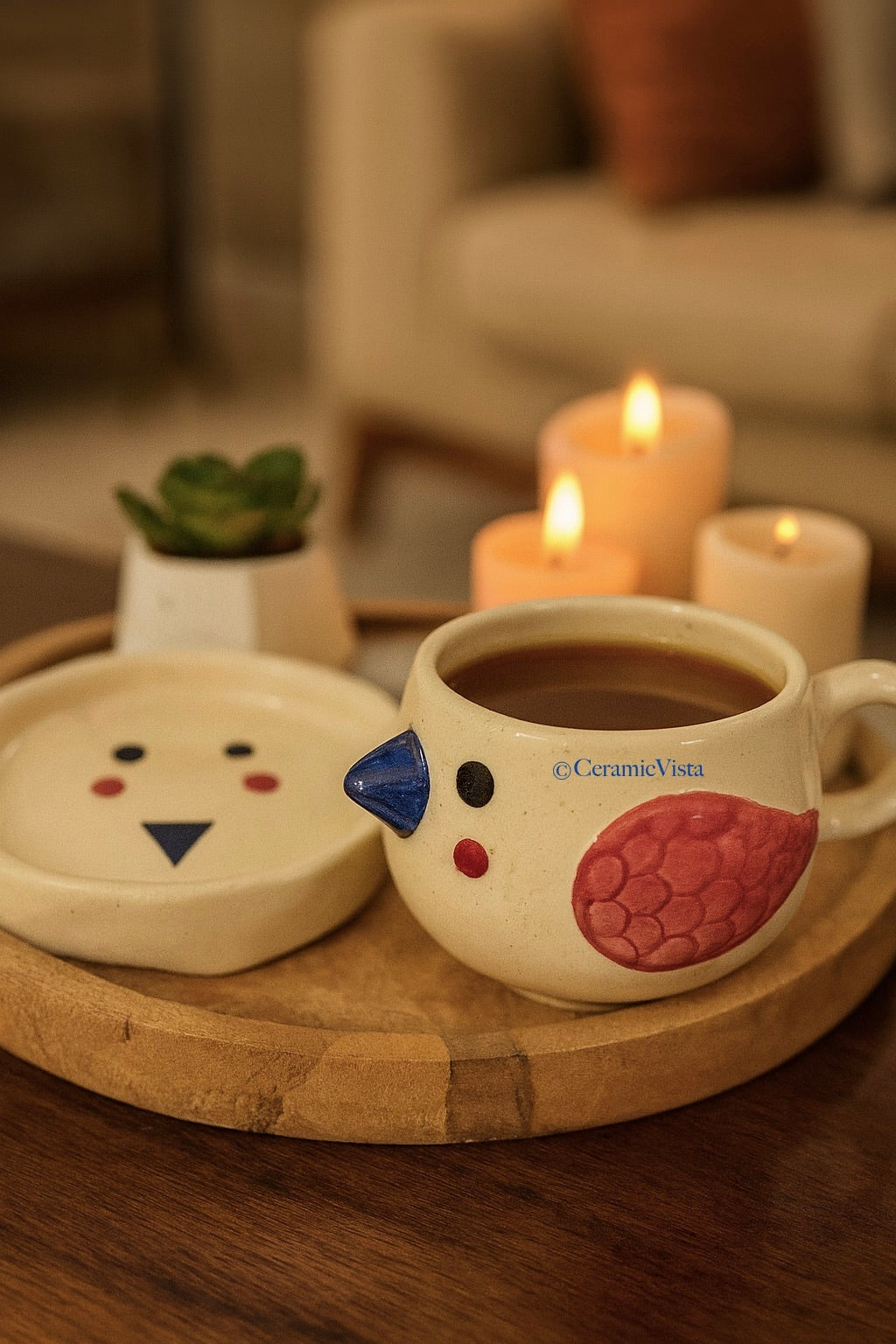 Birdie Bliss Ceramic Mug-Saucer – Cozy Edition| Blue and red beak