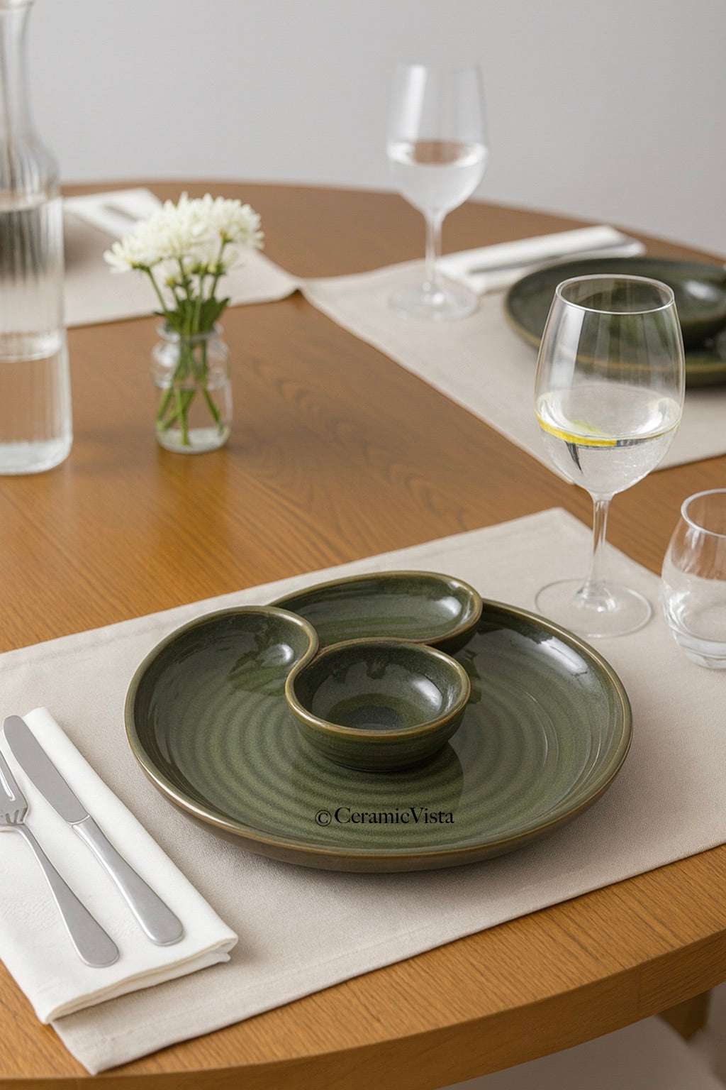 Handcrafted Triple-Section Ceramic Serving Platter – Olive Green-Grey Reactive Glaze | CeramicVista
