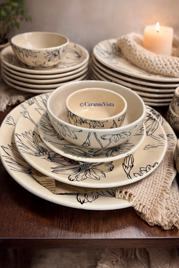 Handcrafted Floral Stoneware Dinnerware – 5-Piece Set & Complete 21-Piece Full Dinner Set | CeramicVista